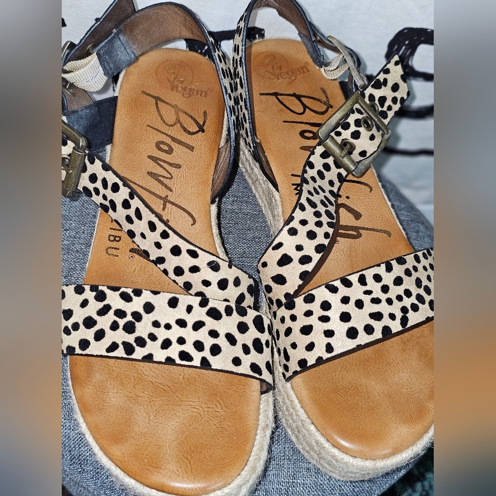 EUC Blowfish Women's Spotted Cheetah Cream and Black Sandals Sz 7 - Picture 3 of 12